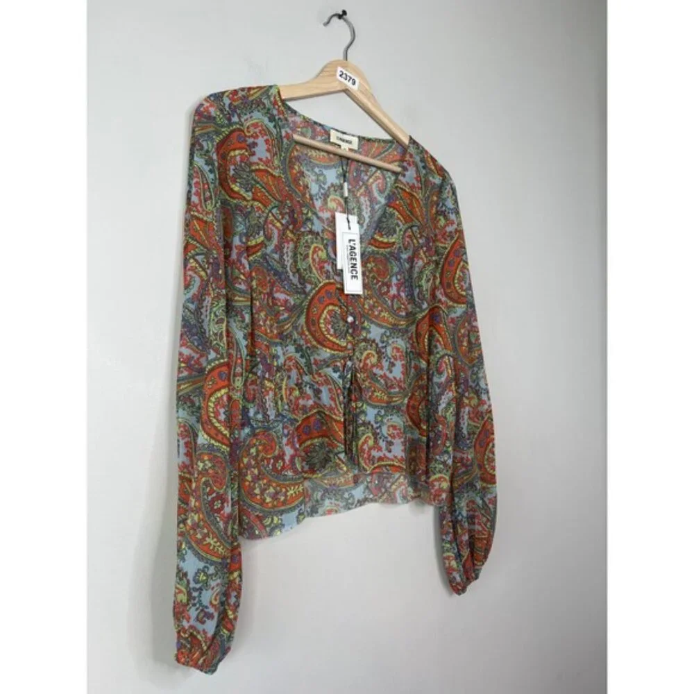 NWT L'agence Pixie Bohemian Long Sleeve Paisley Print Crepe De Chine Blouse Red - Picture 3 of 8